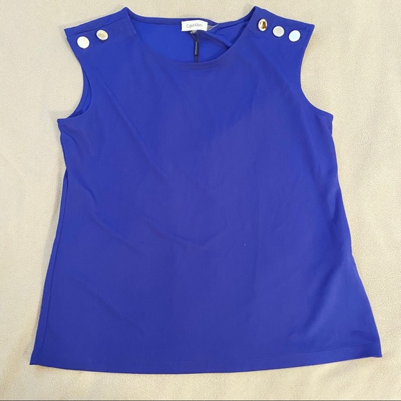 Calvin Klein blue sleeveless blouse with decorative shoulder buttons - Picture 1 of 7